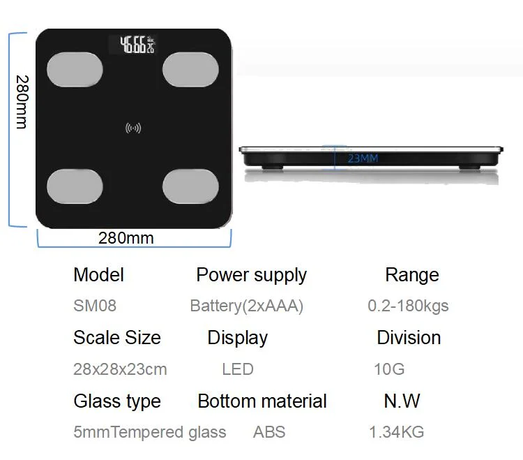 0-180kgs Simei Brand APP Bluetooth Body Fat Scale for Bathroom Weight Fat/Body Scale/Customized Weighing Scale